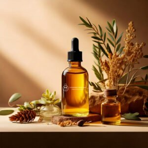 Produit huile essentielle sur fond beige naturel avec feuilles et plantes