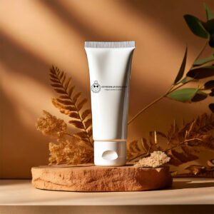 Dentifrice en tube sur fond beige naturel avec feuilles