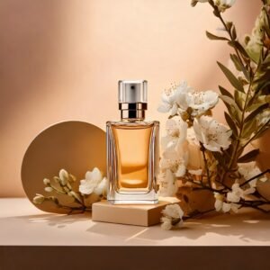 Parfum sur fond beige naturel avec fleurs