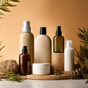 Plusieurs produits cosmétiques poucheveux sur fond beige