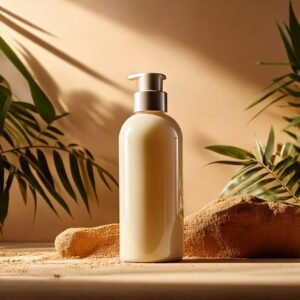 Shampoing sur fond beige et feuilles