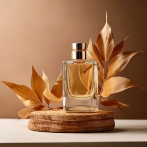 Flacon Parfum sur fond beige naturels avec feuilles sèches.