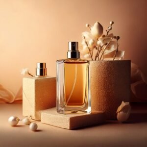 Flacon parfum sur fond beige